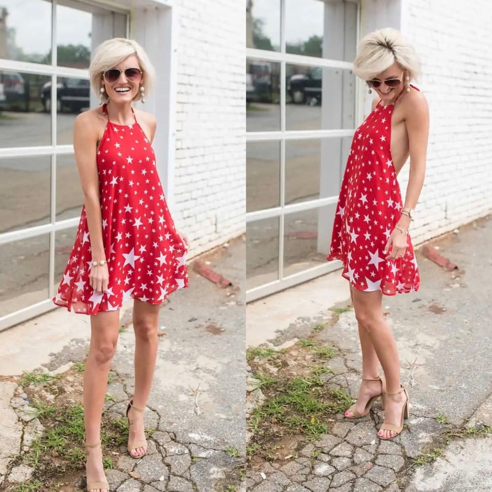 Show Me Your Mumu Katy Halter Mini Dress Star Print L Resort Patriotic Red